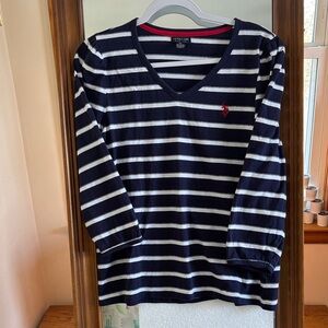 U. S. Polo Assn. Striped V-Neck Top in Navy and White XL